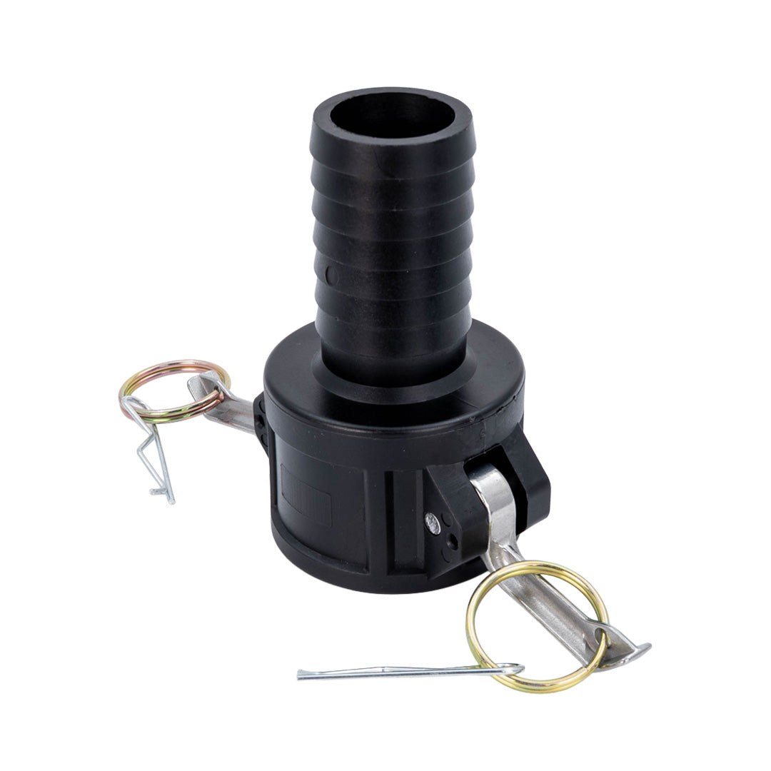 Black hose tail with silver metal rings on a white background