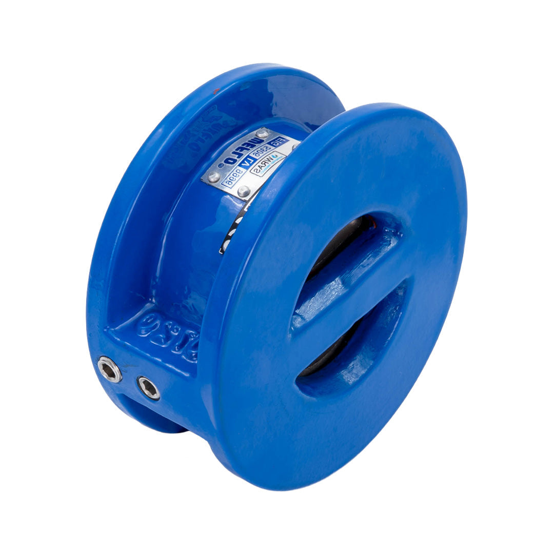 Blue wafer check valve for water on white background