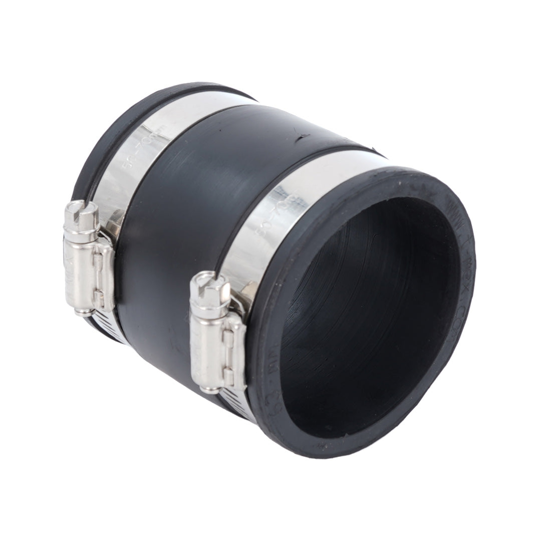 Black rubber coupling with metal clamps on a white background