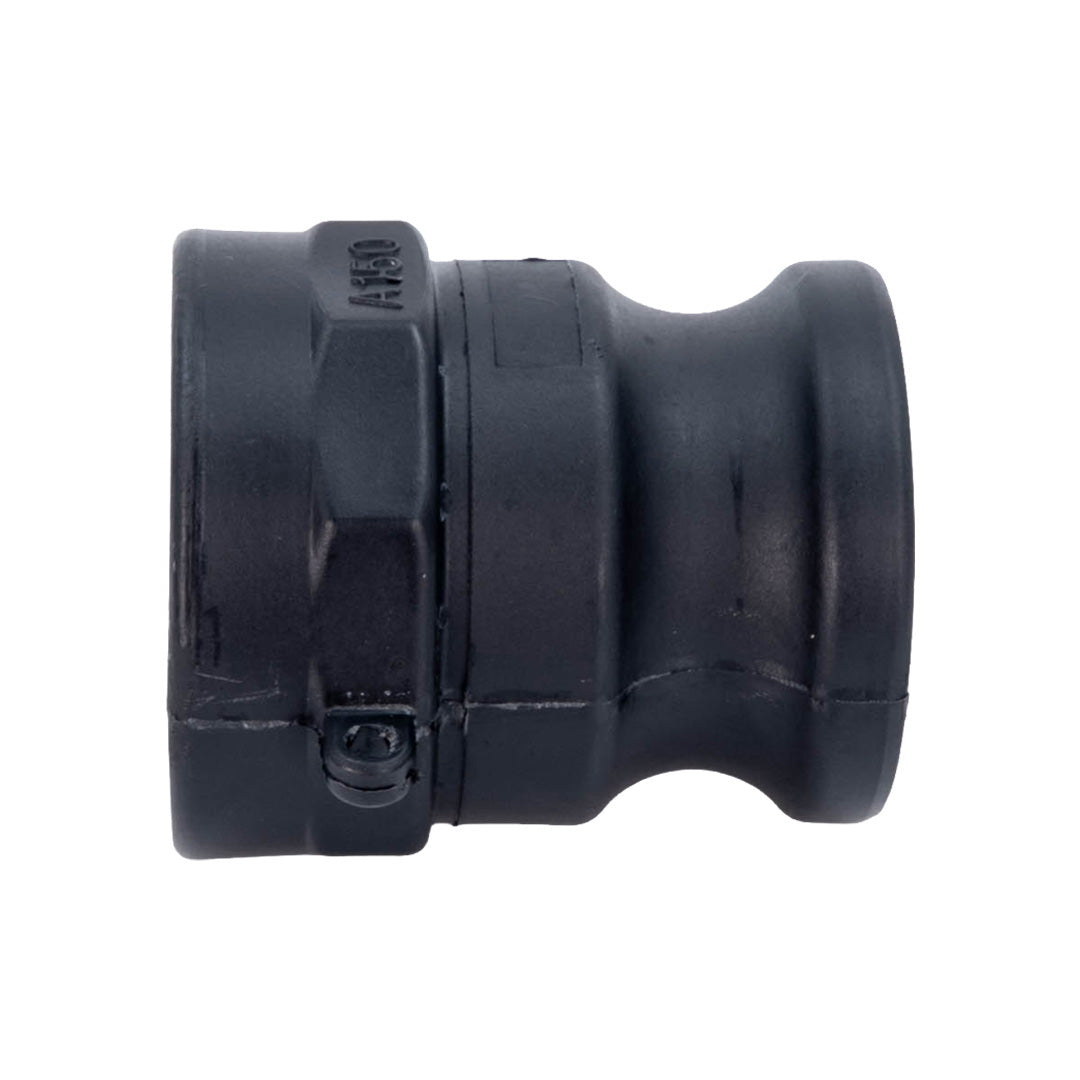 Black plastic pipe coupler camlock on white background