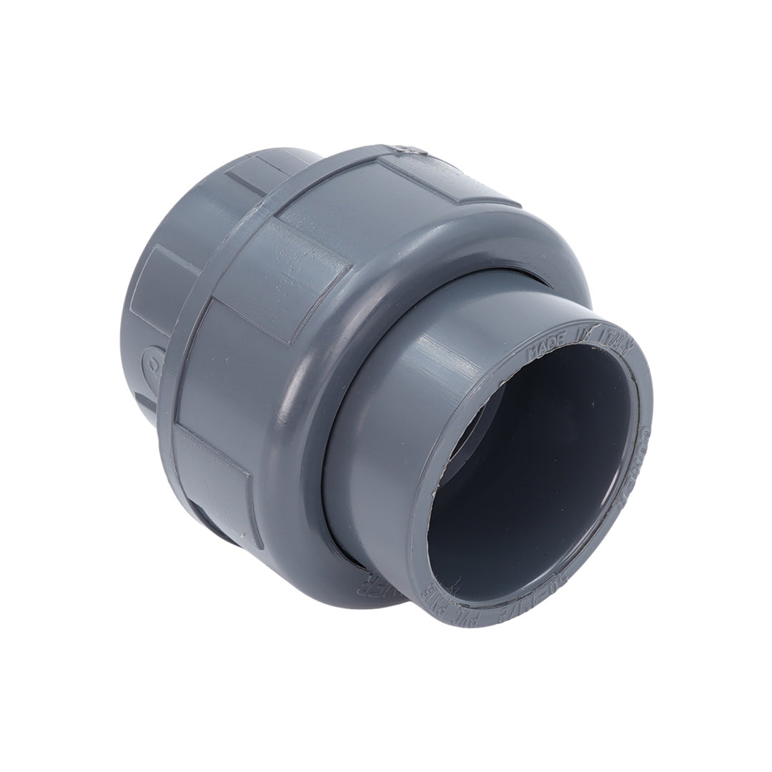 A gray plastic pipe connector fitting, a Union, shown on a plain white background.