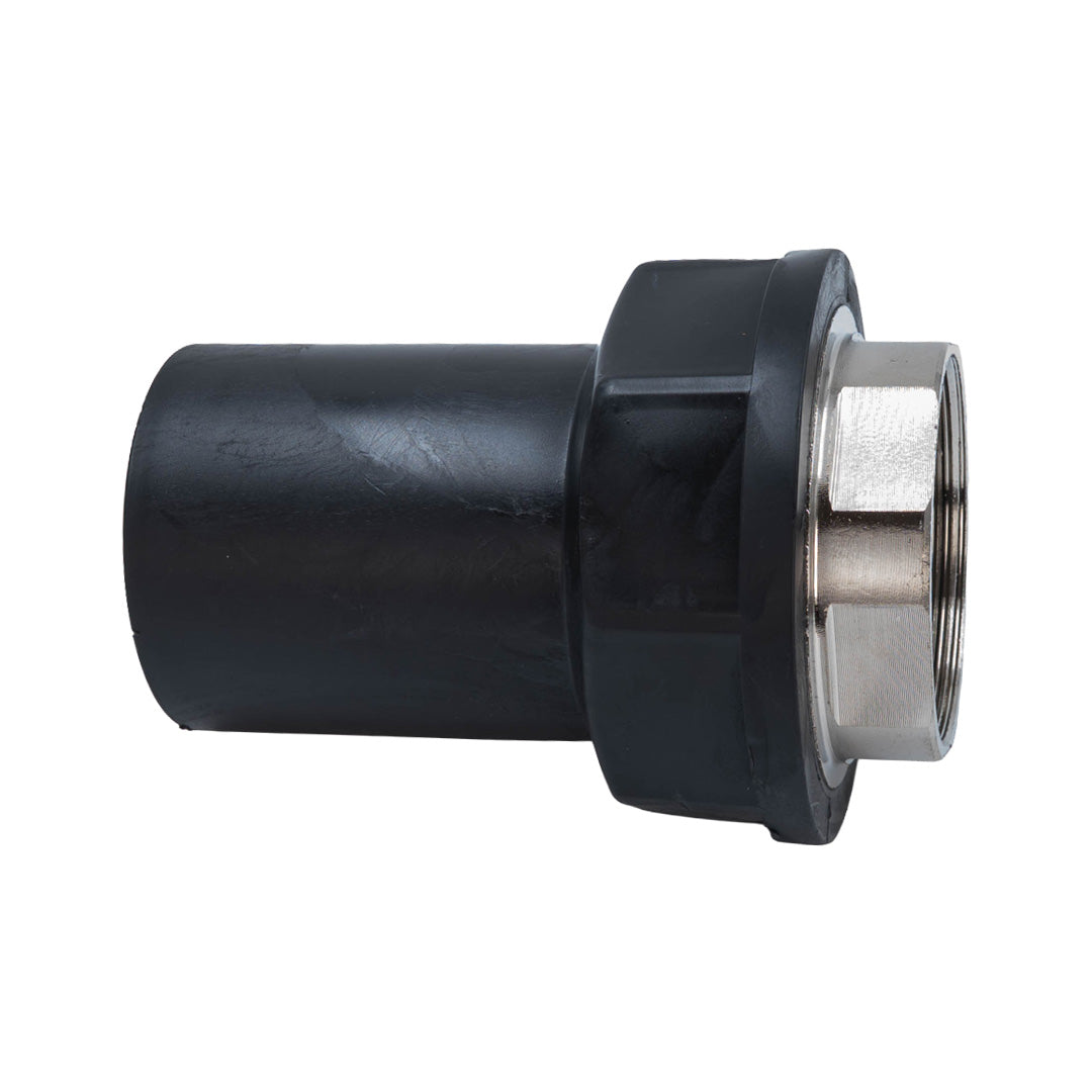 A black plastic pipe fitting with a hexagonal nut-like body and a silver metal threaded end, shown on a plain white background.