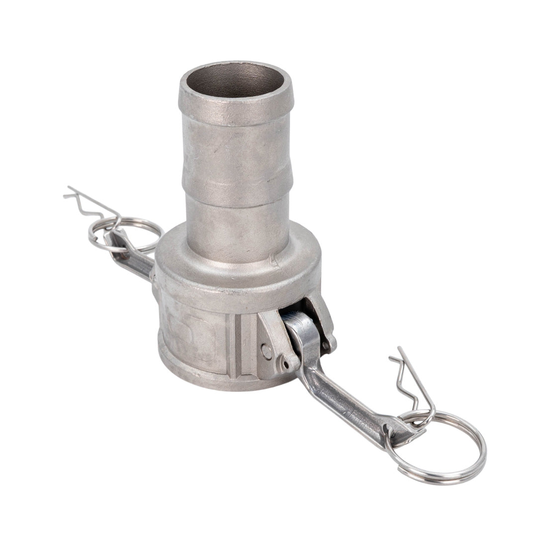 Metal hose camlock C coupling on a white background