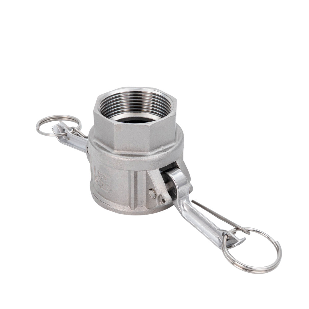 Stainless steel camlock silver against white background