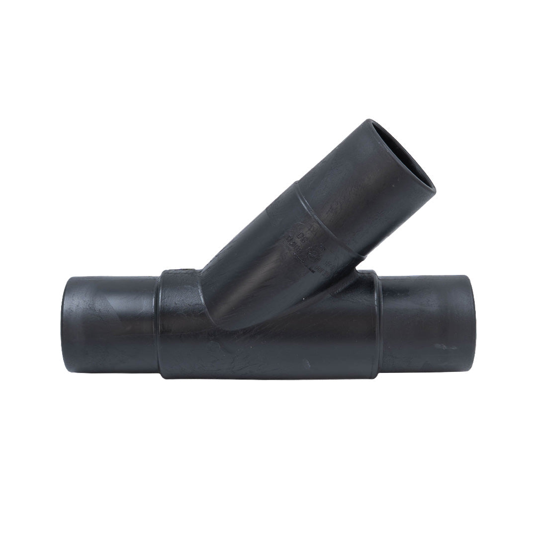 A black plastic T-joint pipe connector with a horizontal main pipe, a vertical pipe running diagonally upward, and a short vertical section on the right, shown against a plain white background.