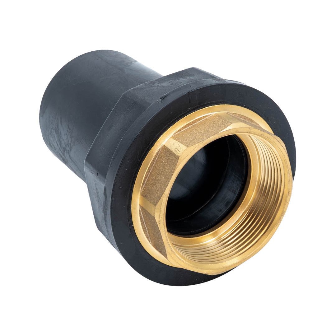 A black plastic pipe fitting with a brass male threaded connector, shown on a solid white background.