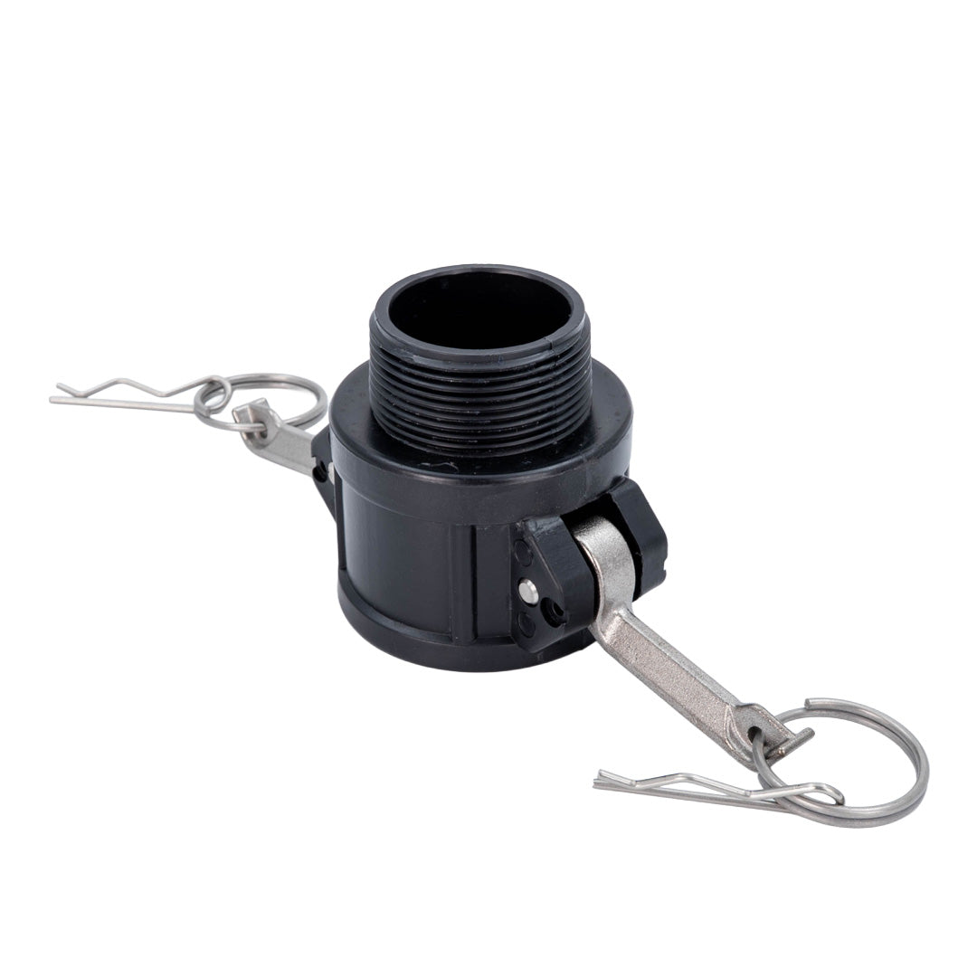 Black camlock with silver metal arms on white background