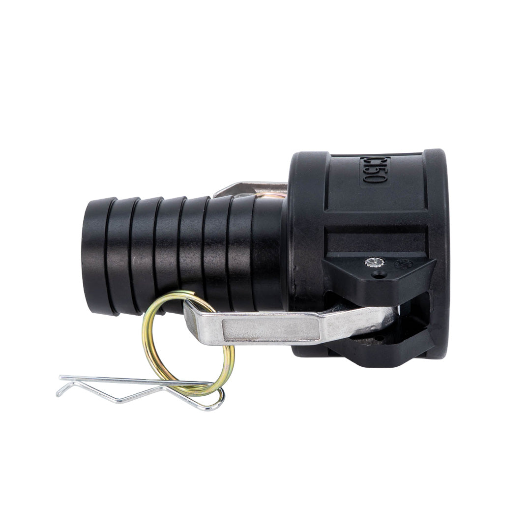 black camlock hosetail with silver ring handles