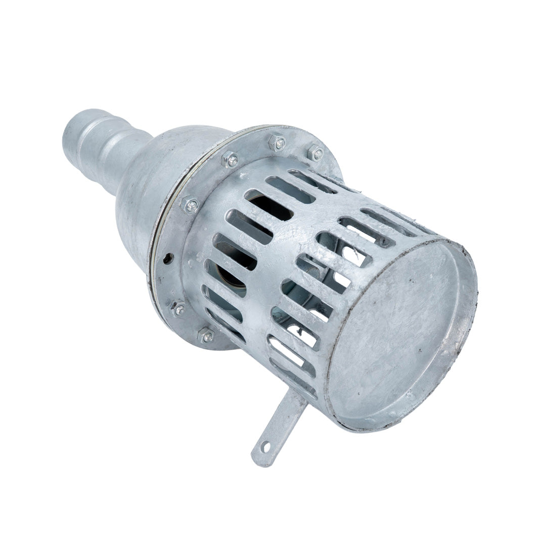 Galvanized metal water outlet filter with a slotted cylindrical body and threaded connection, shown on a plain white background.