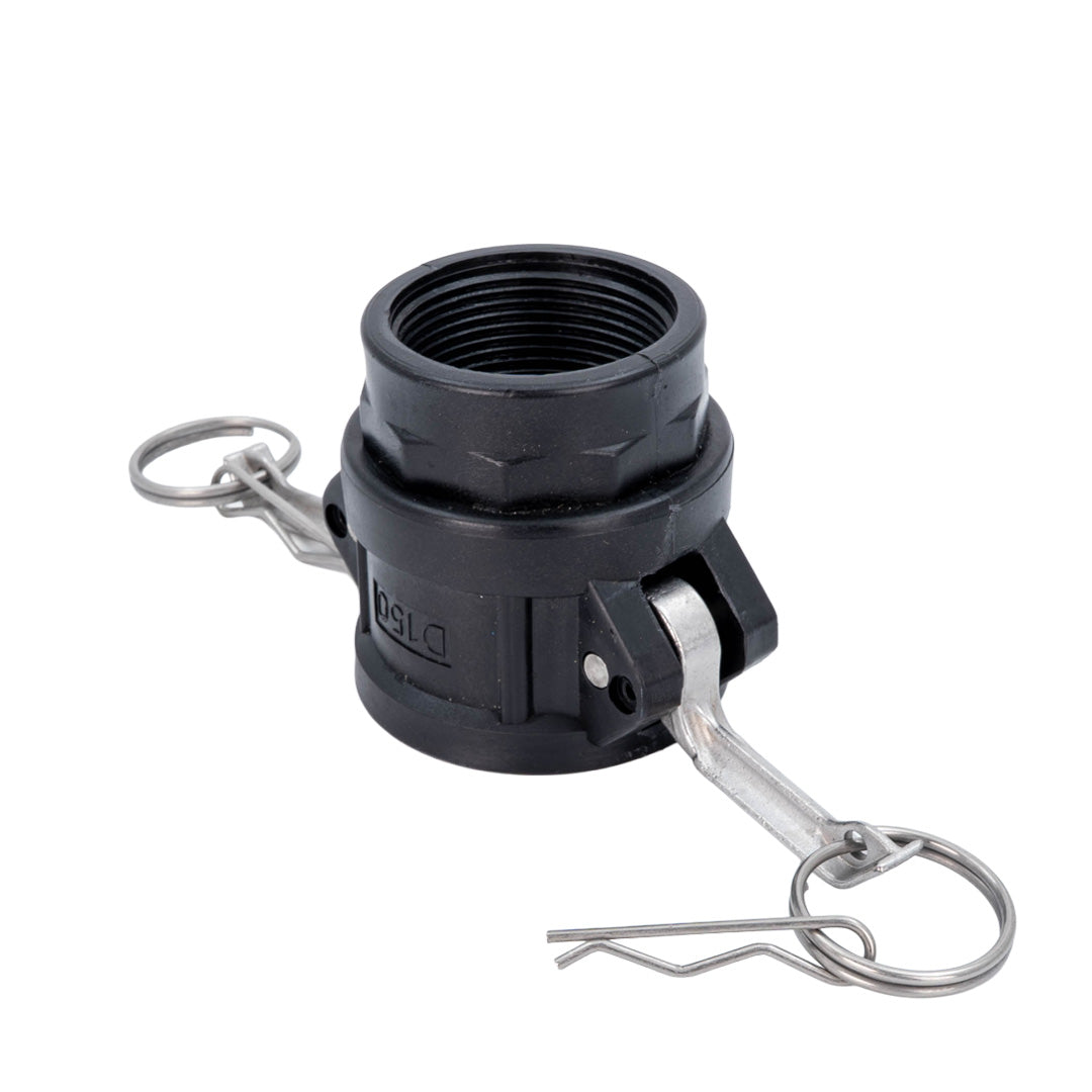 Black plastic threaded camlock with silver ring ends on white background
