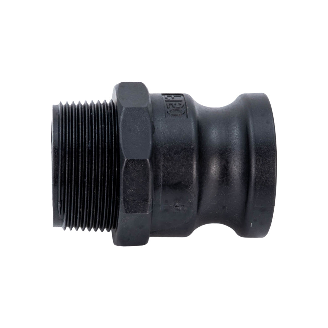 Black plastic camlock F threaded plug on white background