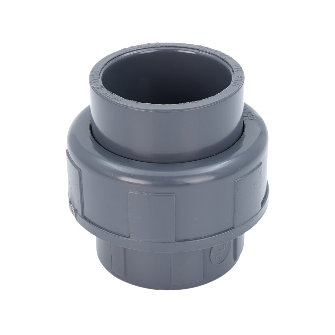 A gray plastic pipe connector fitting with a threaded body and a wider flange collar, shown on a plain white background.