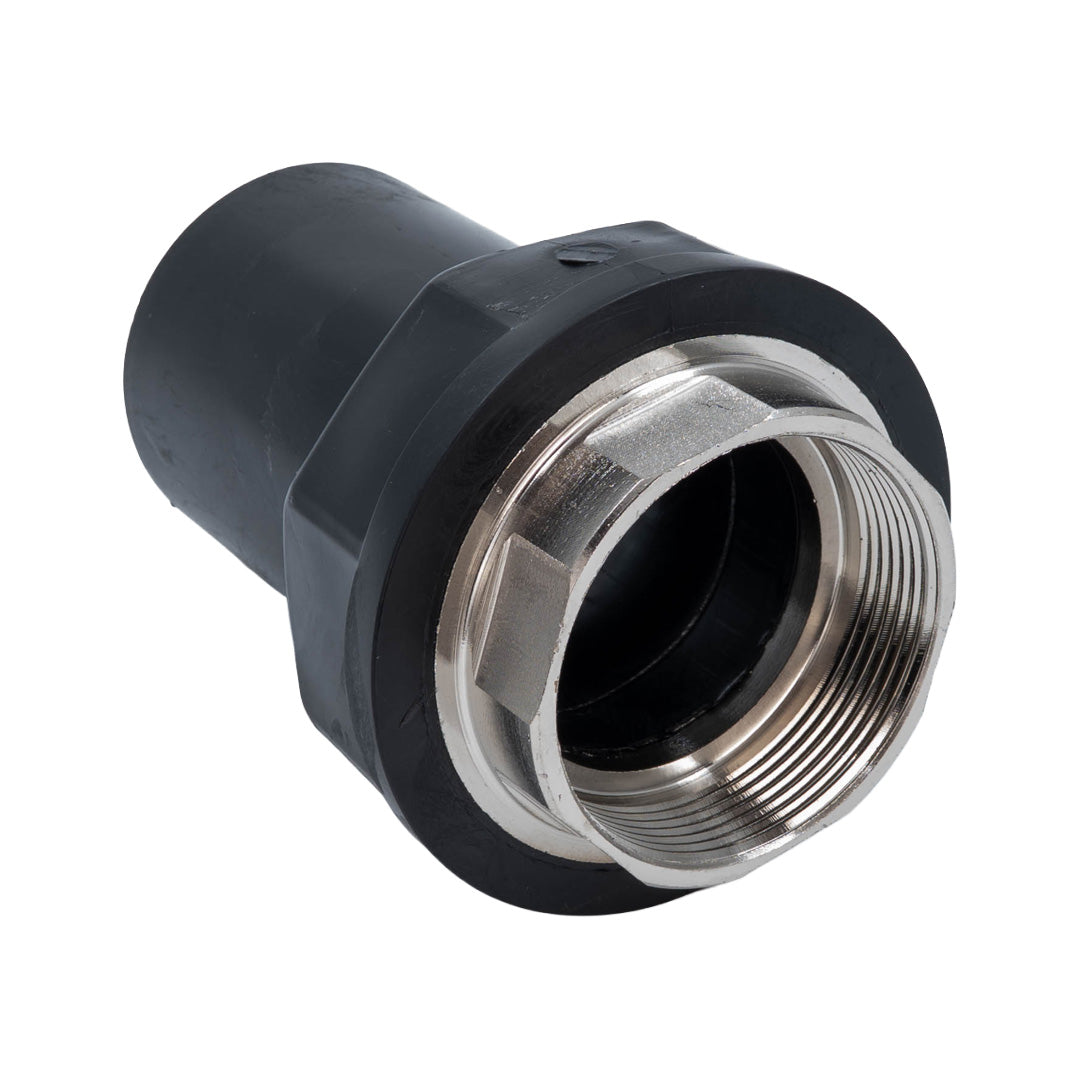 A black plastic and stainless steel threaded pipe connector on a solid white background.