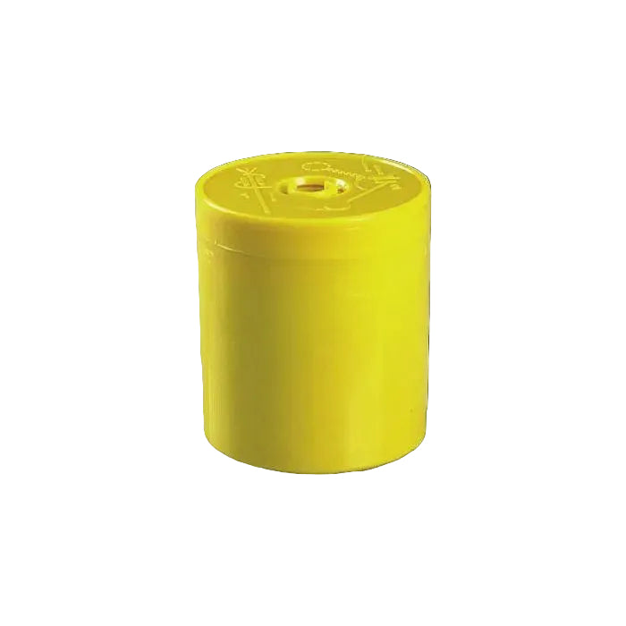 A bright yellow cylindrical plastic container or cap with a threaded hole in the center of the lid, shown on a plain white background.