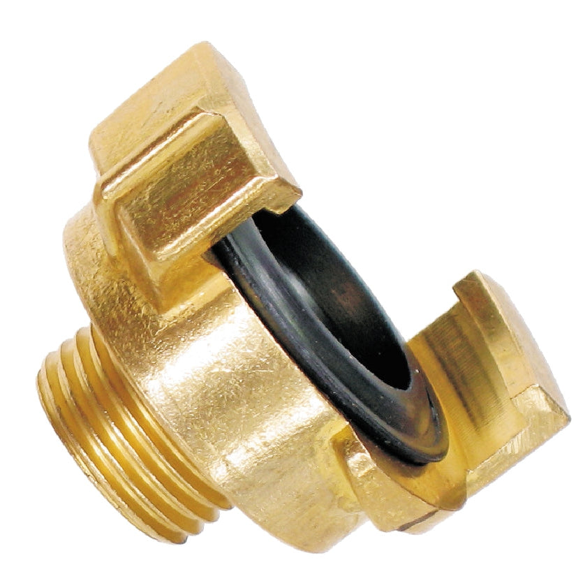 Brass fitting with a black rubber washer on a white background