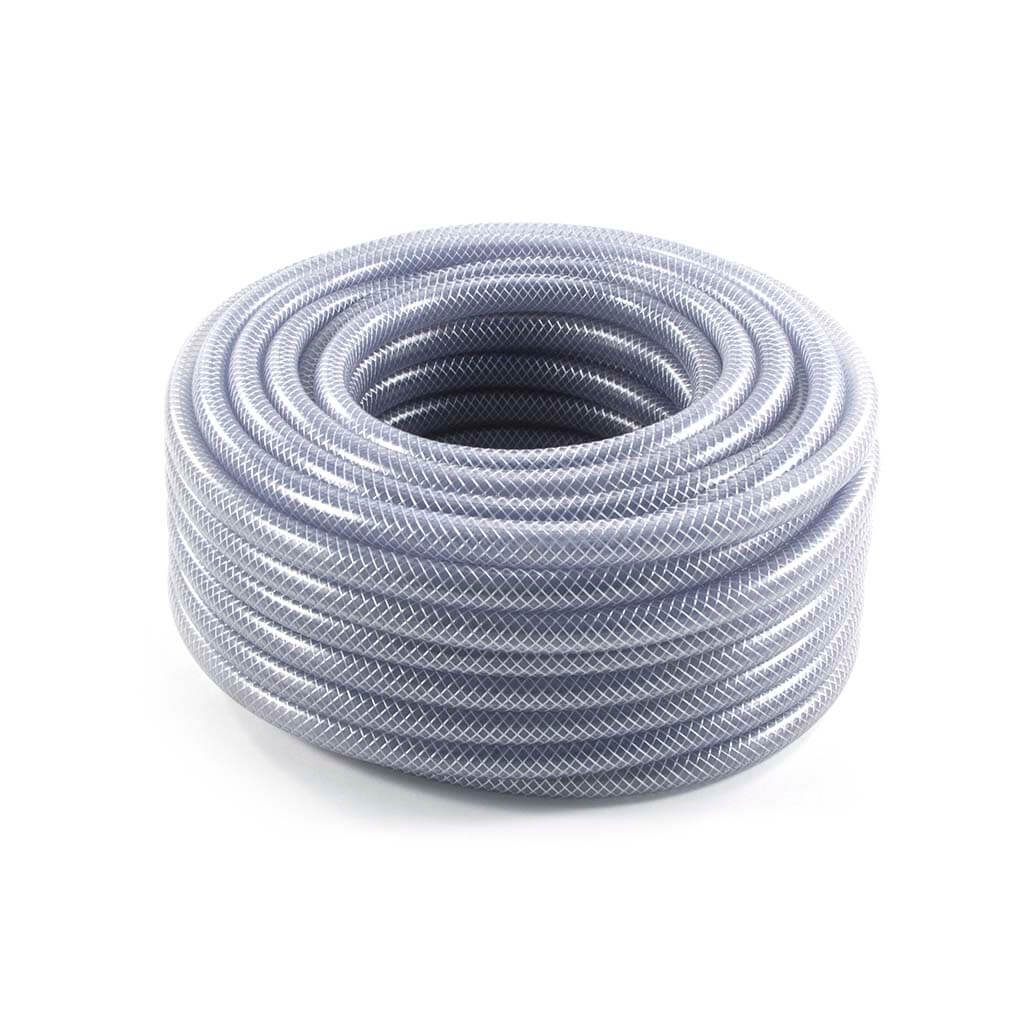 A coiled gray braided hose or cable on a clean white background.